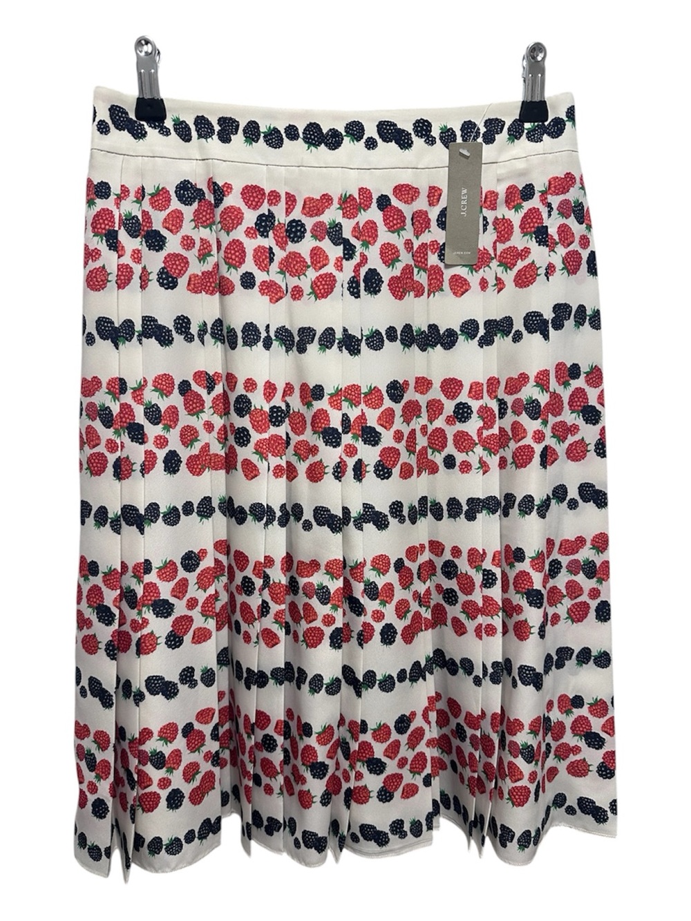 J. Crew White Pleated Midi Skirt with Red & Navy Berry Print